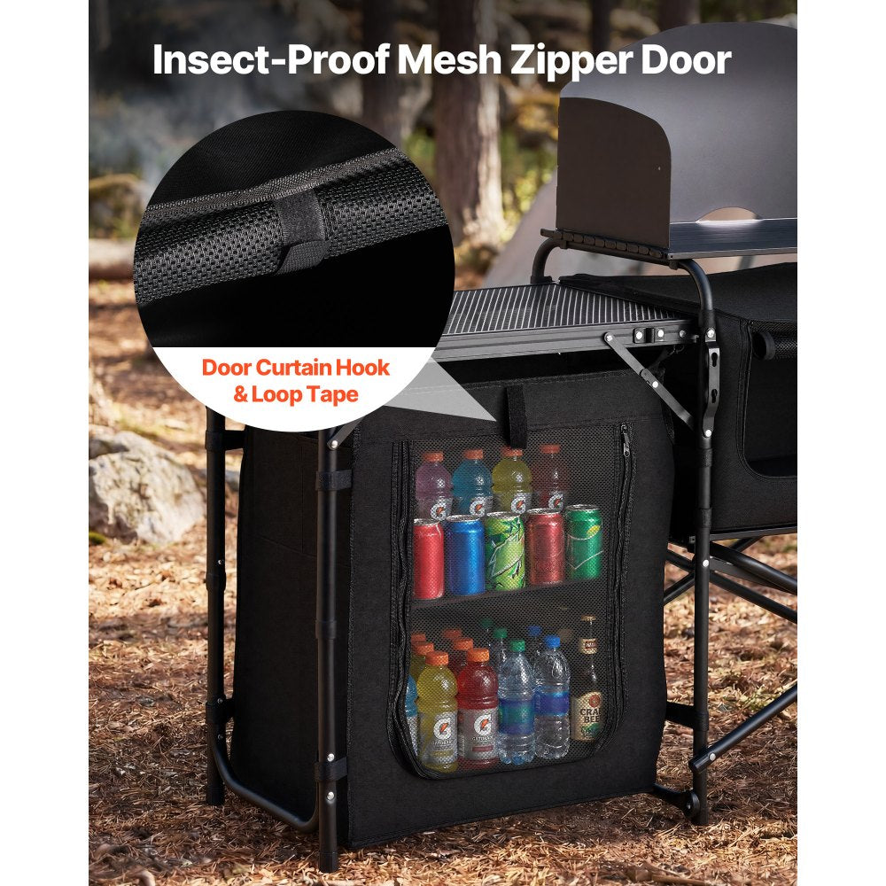 VEVOR Folding Camping Table, Outdoor Portable Table, Quick Set-up Kitchen Cook Station, with Storage Organizer, Telescoping Legs, a Detachable Windscreen, Carrying Bag, for Picnic BBQ RV Traveling