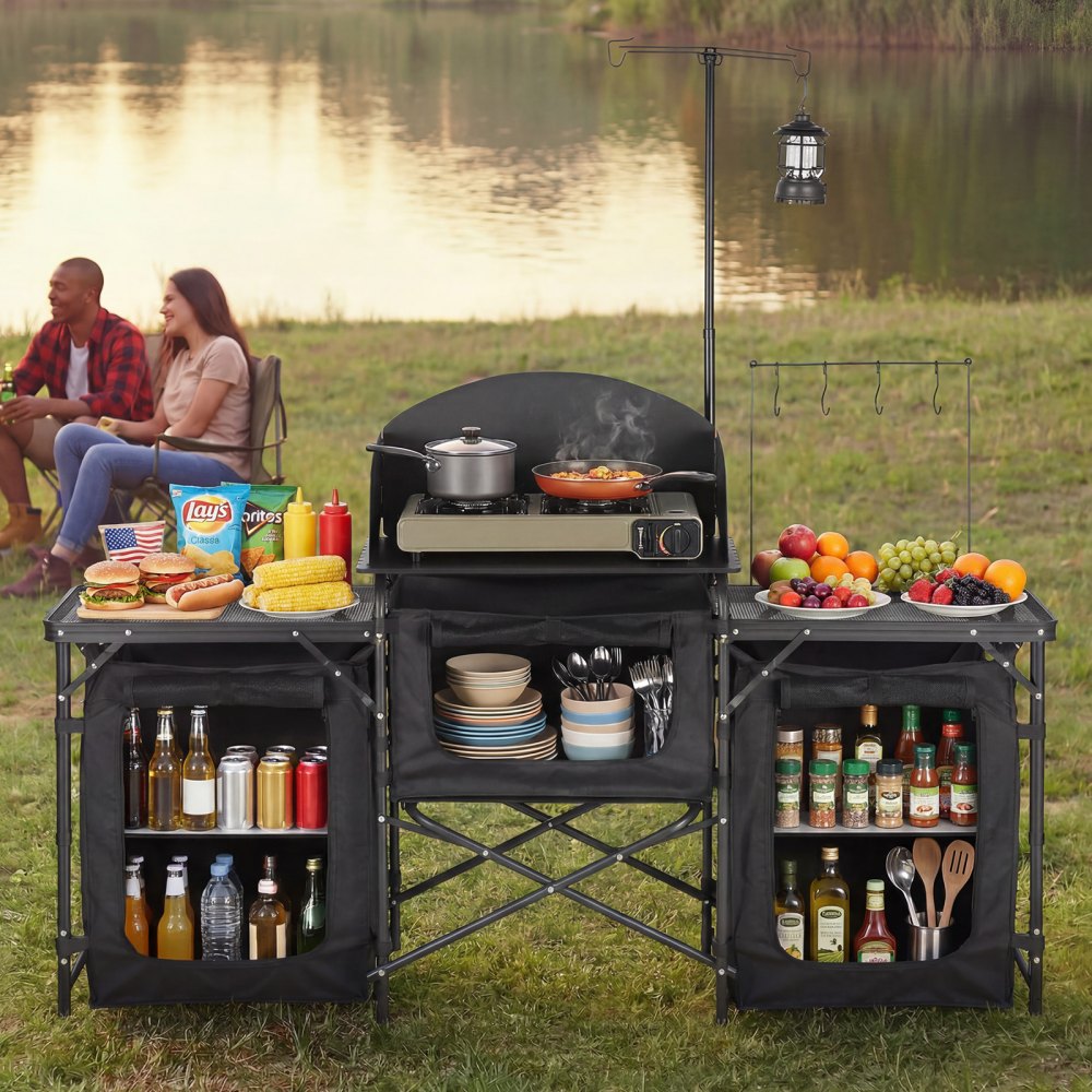 VEVOR Folding Camping Table, Outdoor Portable Table, Quick Set-up Kitchen Cook Station, with Storage Organizer, Telescoping Legs, a Detachable Windscreen, Carrying Bag, for Picnic BBQ RV Traveling
