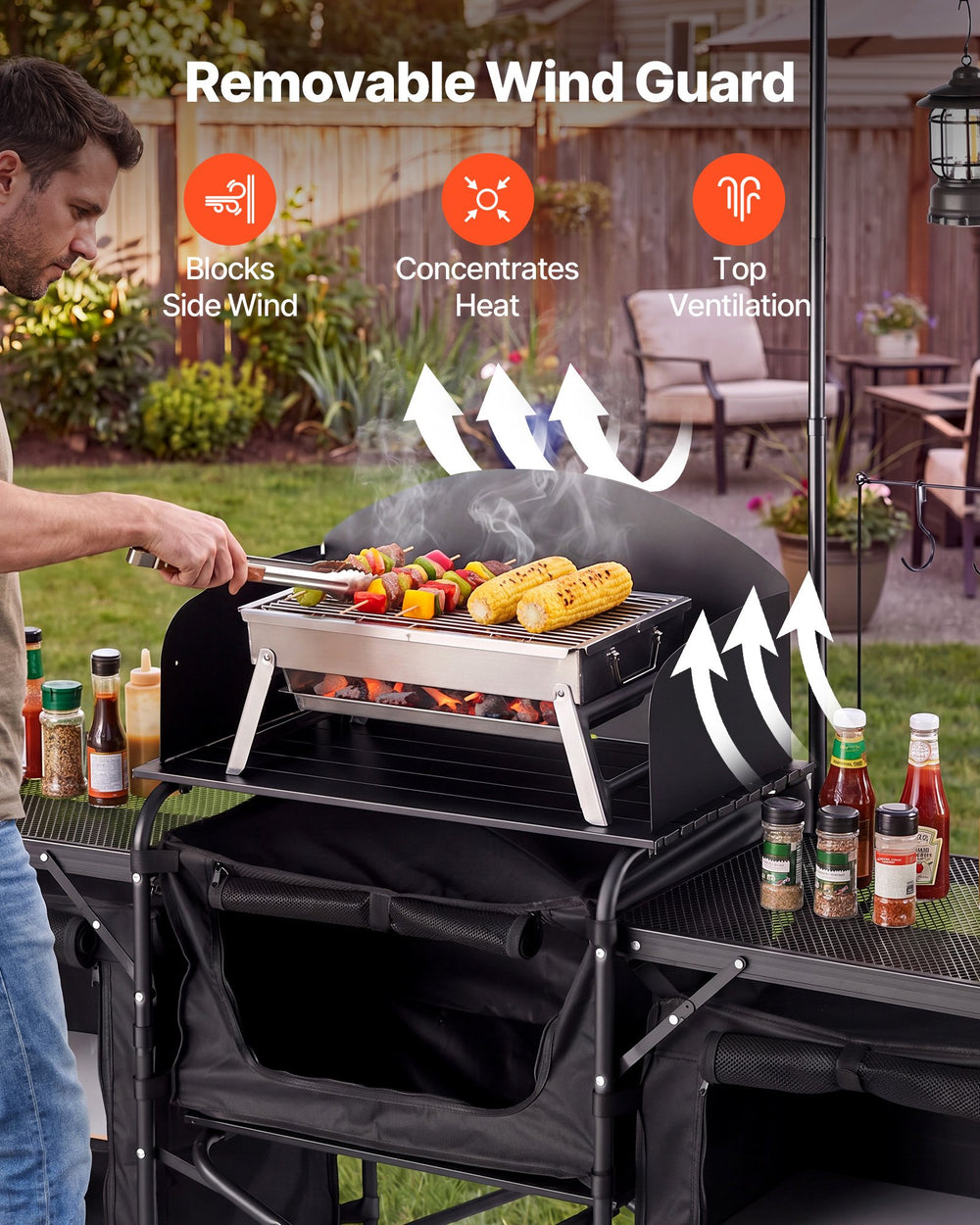VEVOR Folding Camping Table, Outdoor Portable Table, Quick Set-up Kitchen Cook Station, with Storage Organizer, Telescoping Legs, a Detachable Windscreen, Carrying Bag, for Picnic BBQ RV Traveling