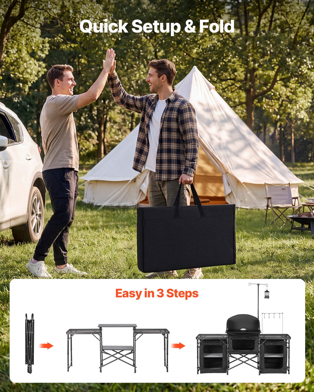 VEVOR Folding Camping Table, Outdoor Portable Table, Quick Set-up Kitchen Cook Station, with Storage Organizer, Telescoping Legs, a Detachable Windscreen, Carrying Bag, for Picnic BBQ RV Traveling