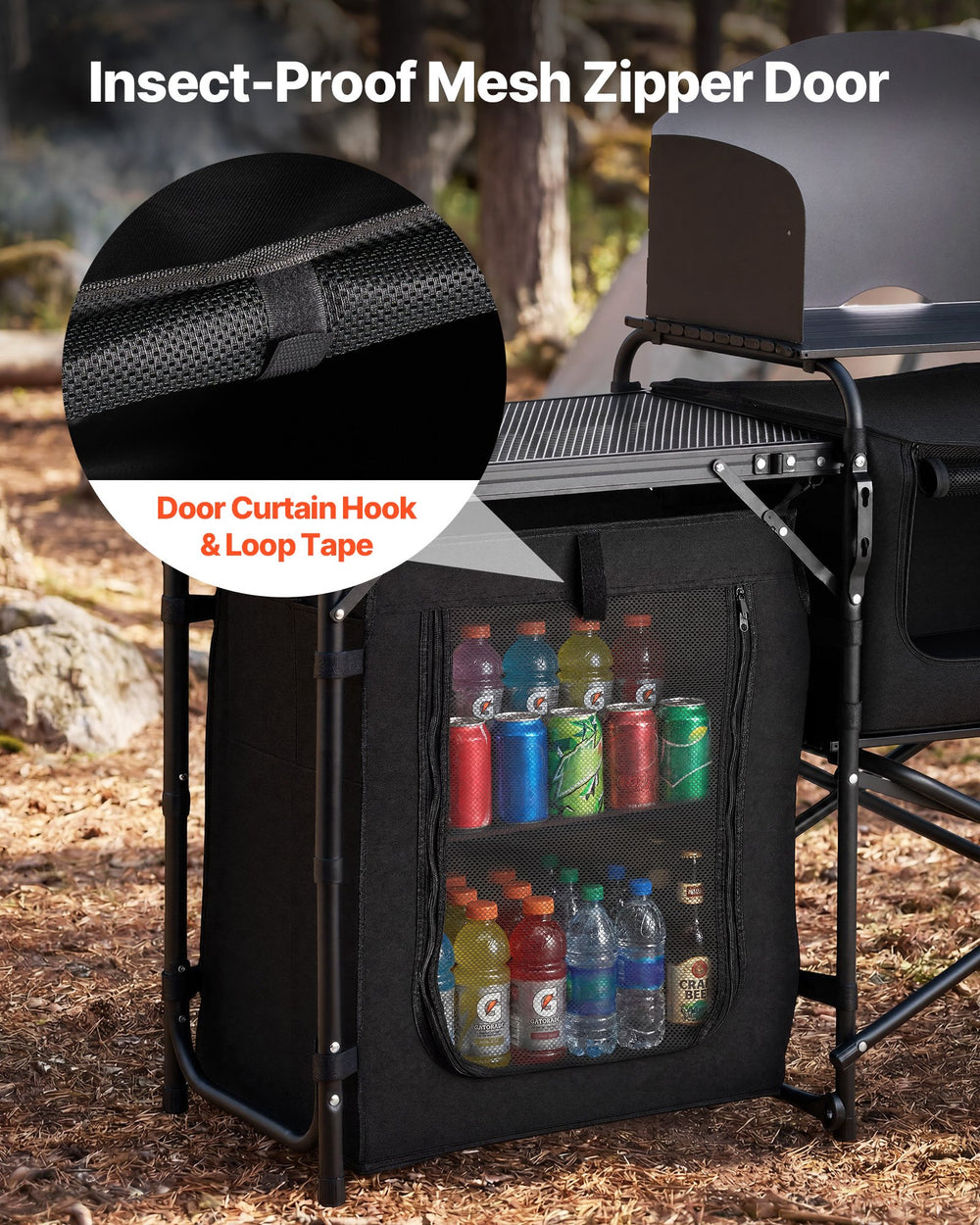 VEVOR Folding Camping Table, Outdoor Portable Table, Quick Set-up Kitchen Cook Station, with Storage Organizer, Telescoping Legs, a Detachable Windscreen, Carrying Bag, for Picnic BBQ RV Traveling