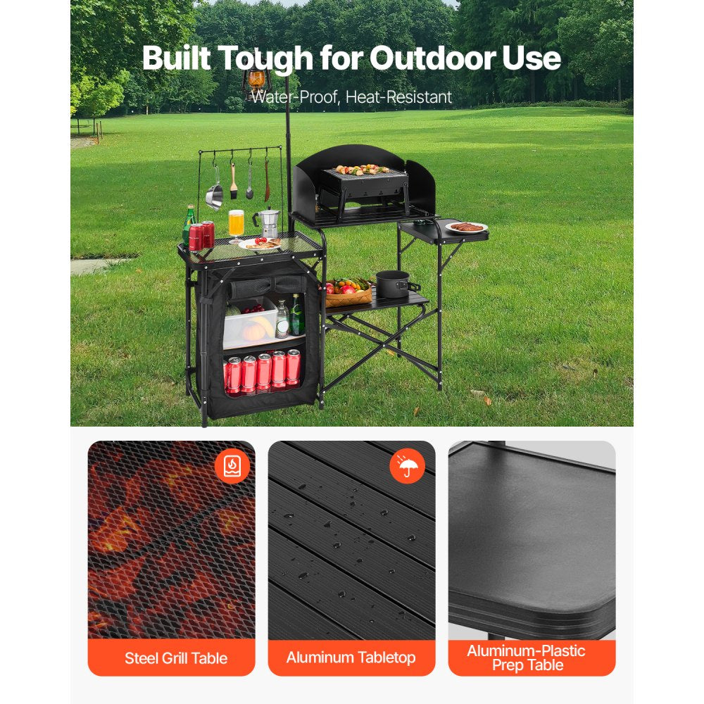 VEVOR Camping Kitchen Table, Outdoor Camp Cooking Table, Aluminum Portable Cook Station with Storage Cupboard, Carrying Bag, Detachable Windscreen, Quick Set-up for BBQ Party Picnic RV Travel, Black
