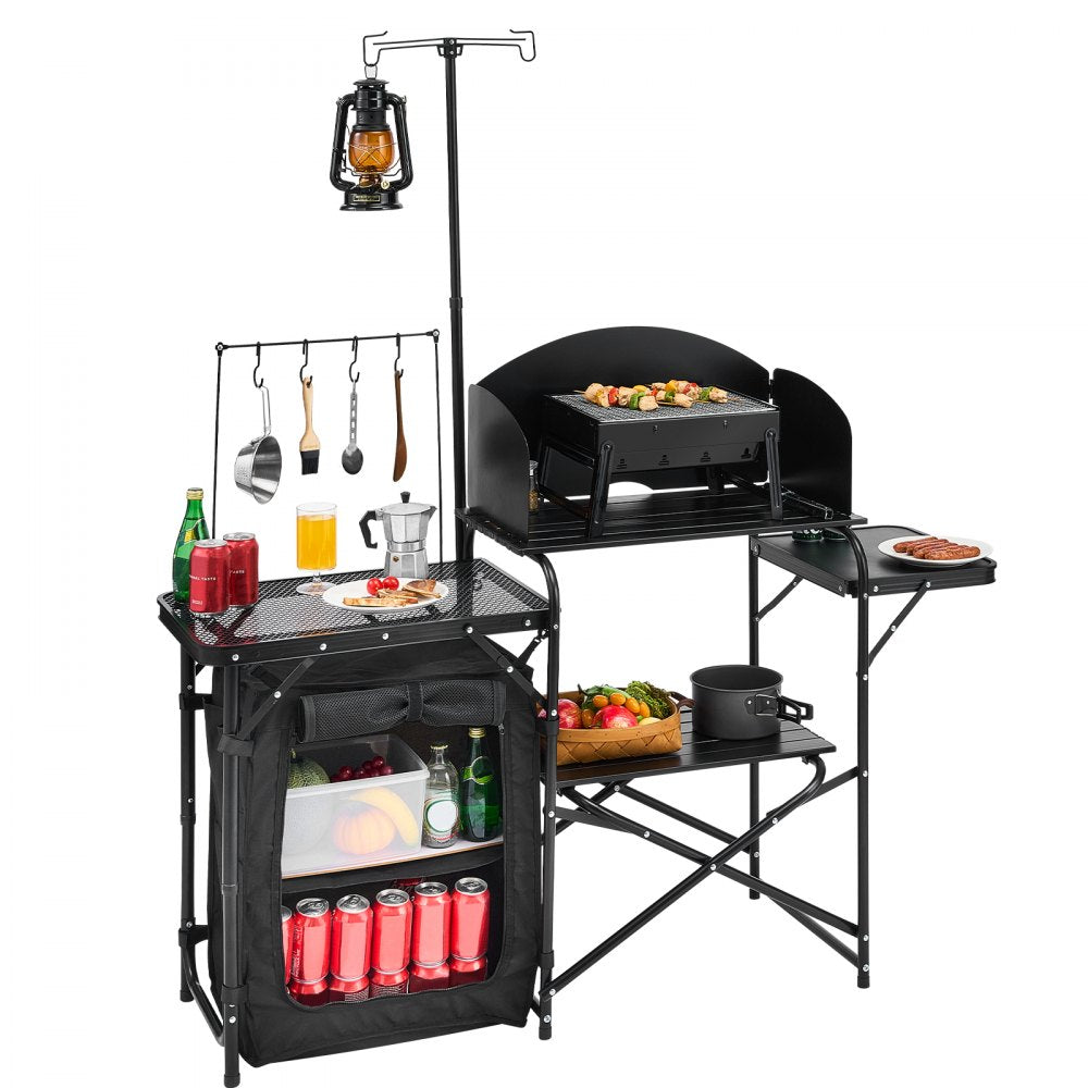 VEVOR Camping Kitchen Table, Outdoor Camp Cooking Table, Aluminum Portable Cook Station with Storage Cupboard, Carrying Bag, Detachable Windscreen, Quick Set-up for BBQ Party Picnic RV Travel, Black