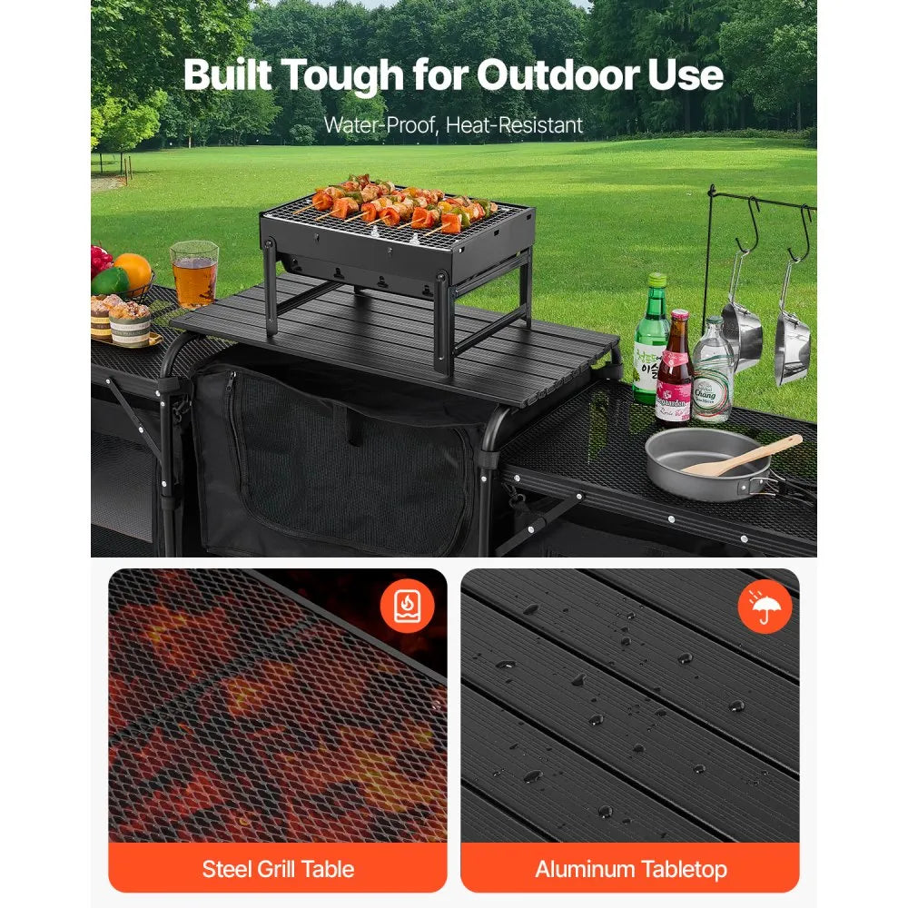 VEVOR Camping Kitchen Table, Outdoor Camp Cooking Table, Aluminum Portable Cook Station with 3 Storage Cupboard, Carrying Bag, Detachable Windscreen, Quick Set-up for BBQ Party Picnic RV Travel, Black