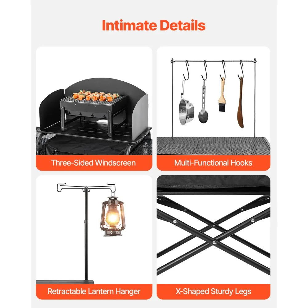 VEVOR Camping Kitchen Table, Outdoor Camp Cooking Table, Aluminum Portable Cook Station with 3 Storage Cupboard, Carrying Bag, Detachable Windscreen, Quick Set-up for BBQ Party Picnic RV Travel, Black