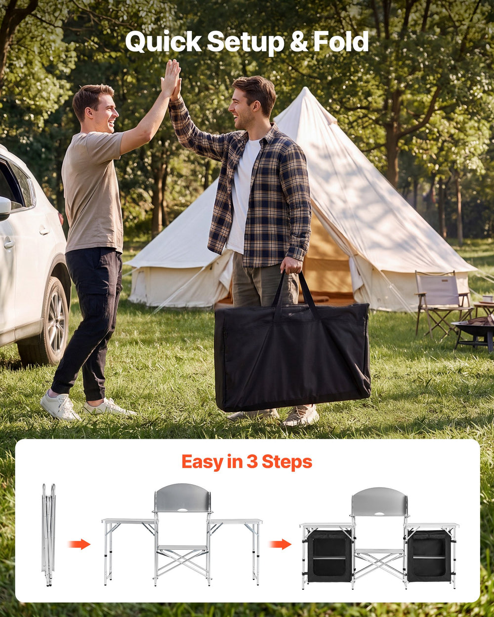 VEVOR Folding Camping Table, Outdoor Portable Aluminum Lightweight Table, Quick Set-up Kitchen Cook Station, with Storage Organizer, Detachable Windscreen, Carrying Bag, Ideal for Picnic BBQ Traveling