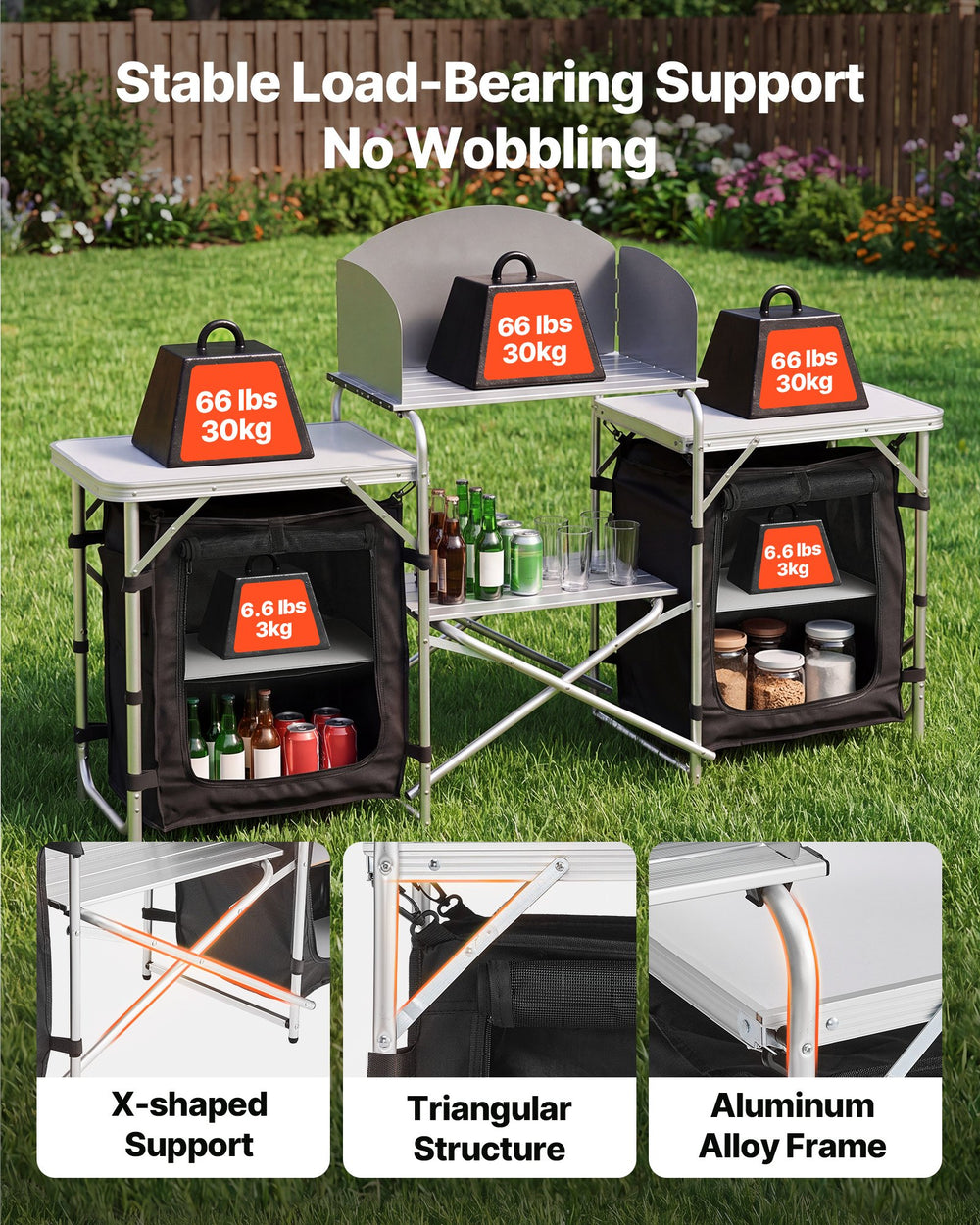 VEVOR Folding Camping Table, Outdoor Portable Aluminum Lightweight Table, Quick Set-up Kitchen Cook Station, with Storage Organizer, Detachable Windscreen, Carrying Bag, Ideal for Picnic BBQ Traveling