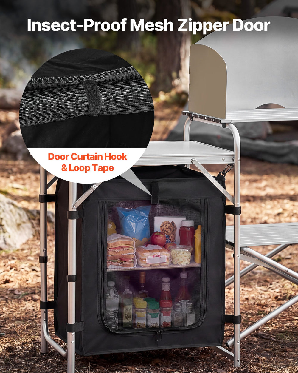 VEVOR Folding Camping Table, Outdoor Portable Aluminum Lightweight Table, Quick Set-up Kitchen Cook Station, with Storage Organizer, Detachable Windscreen, Carrying Bag, Ideal for Picnic BBQ Traveling