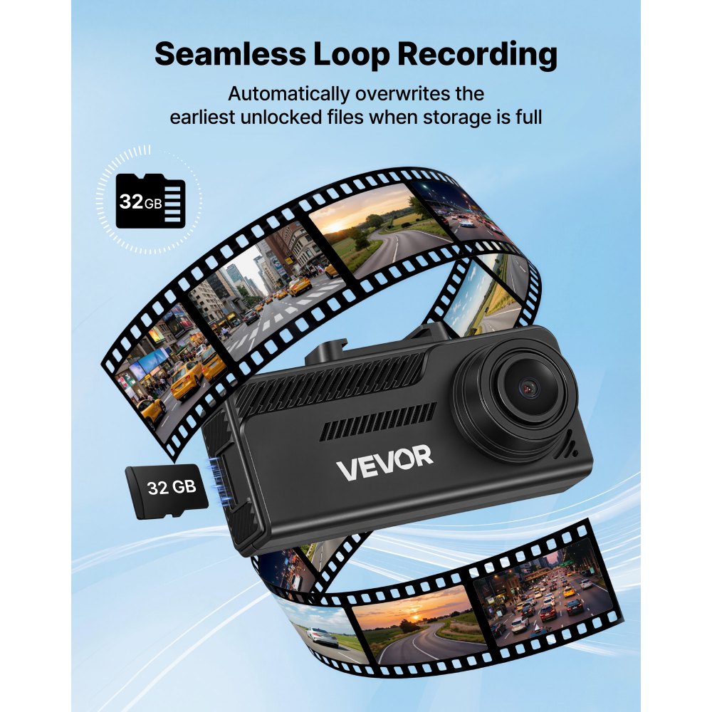 VEVOR Dash Cam Front and Rear, 4K+1080P, 32 GB Card Included, Dual Channel Dash Camera for Cars with Built-in GPS, G-Sensor, Front 129° & Rear 125°, 3.18" Large Screen, Loop Recording, Parking Mode
