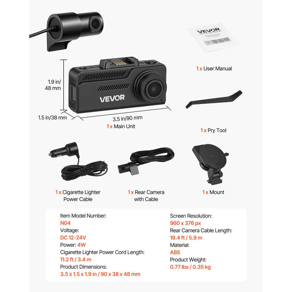 VEVOR Dash Cam Front and Rear, 4K+1080P, 32 GB Card Included, Dual Channel Dash Camera for Cars with Built-in GPS, G-Sensor, Front 129° & Rear 125°, 3.18" Large Screen, Loop Recording, Parking Mode