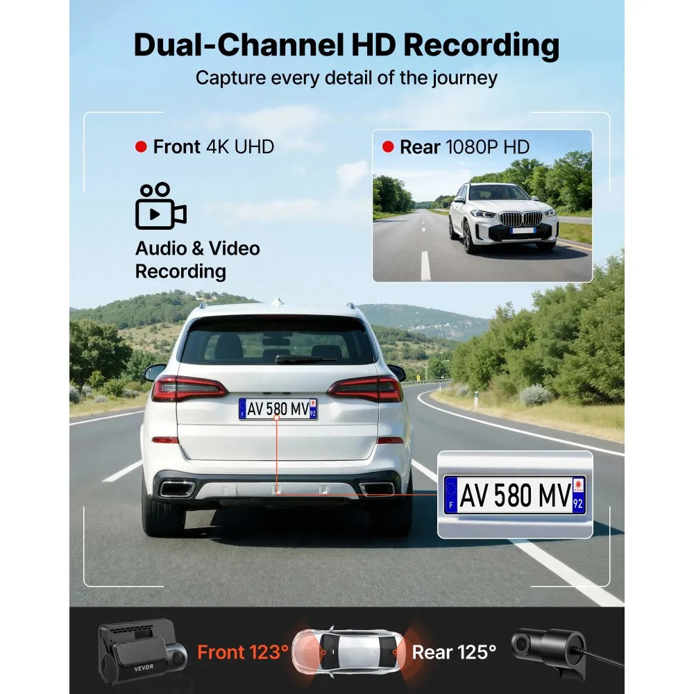 VEVOR Dash Cam Front and Rear, 4K+1080P, WiFi APP Control, Dual Channel Dash Camera for Cars with Built-in GPS, G-Sensor, Front 123° & Rear 125°, 3" Large Screen, Loop Recording, and Parking Mode