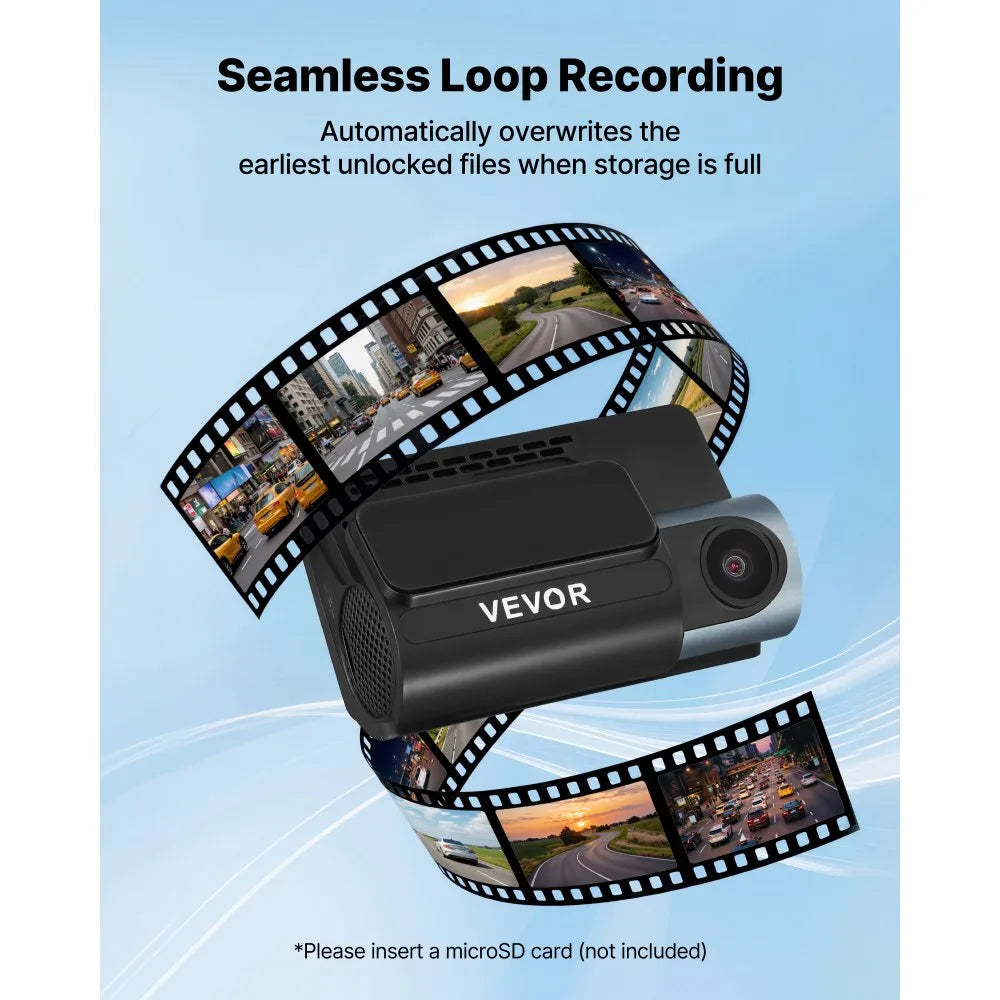 VEVOR Dash Cam Front and Rear, 4K+1080P, WiFi APP Control, Dual Channel Dash Camera for Cars with Built-in GPS, G-Sensor, Front 123° & Rear 125°, 3" Large Screen, Loop Recording, and Parking Mode