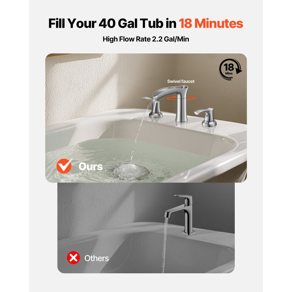 VEVOR Roman Tub Faucet, 3 Hole Waterfall Bathtub Faucet, Zinc Alloy Bath Tubs Faucets Set with 2 Handles, Deck Mount Bath Tub Faucets Set for Pet Washing, Adult Bathing, Silver, Hot & Cold Control