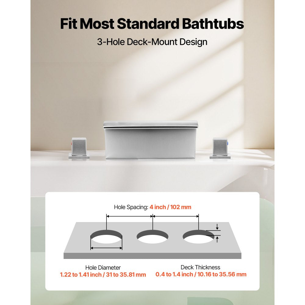 VEVOR Roman Tub Faucet, 3 Hole Waterfall Bathtub Faucet, Bath Tubs Faucets Set with 2 Handles, Deck Mount Bath Tub Faucets Set for Adult Bathing, Silver, Waterfall Spout Design, Temperature Control