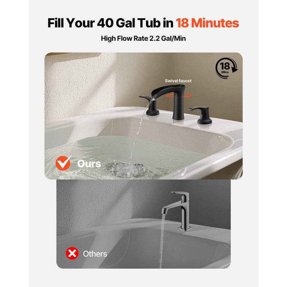 VEVOR Roman Tub Faucet, 3 Hole Waterfall Bathtub Faucet, Zinc Alloy Bath Tubs Faucets Set with 2 Handles, Deck Mount Bath Tub Faucets Set for Pet Washing, Baby Care, Adult Bathing, Matte Black