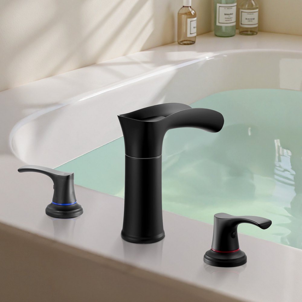 VEVOR Roman Tub Faucet, 3 Hole Waterfall Bathtub Faucet, Zinc Alloy Bath Tubs Faucets Set with 2 Handles, Deck Mount Bath Tub Faucets Set for Pet Washing, Baby Care, Adult Bathing, Matte Black