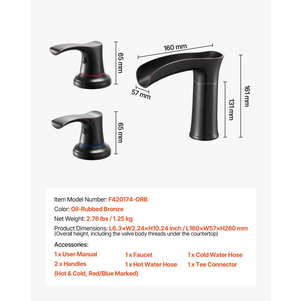 VEVOR Roman Tub Faucet, 3 Hole Waterfall Bathtub Faucet, Zinc Alloy Bath Tubs Faucets Set with 2 Handles, Deck Mount Bath Tub Faucets Set for Pet Washing, Baby Care, Adult Bathing, Oil-Rubbed Bronze