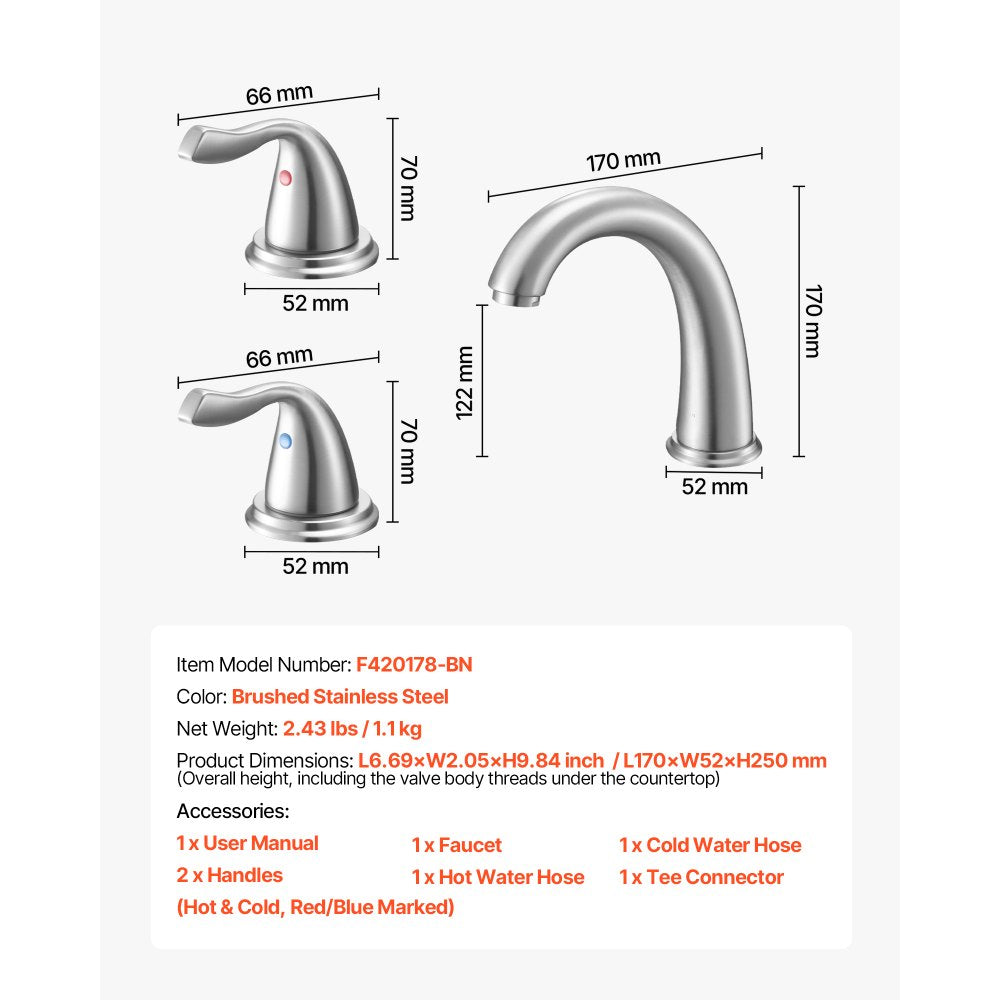 VEVOR Roman Tub Faucet, 3 Hole Waterfall Bathtub Faucet, Gooseneck Bath Tubs Faucets Set with 2 Handles, Roman Tub Faucets Deck Mount for Adult Bathing, Brushed Stainless Steel, High Arc Spout