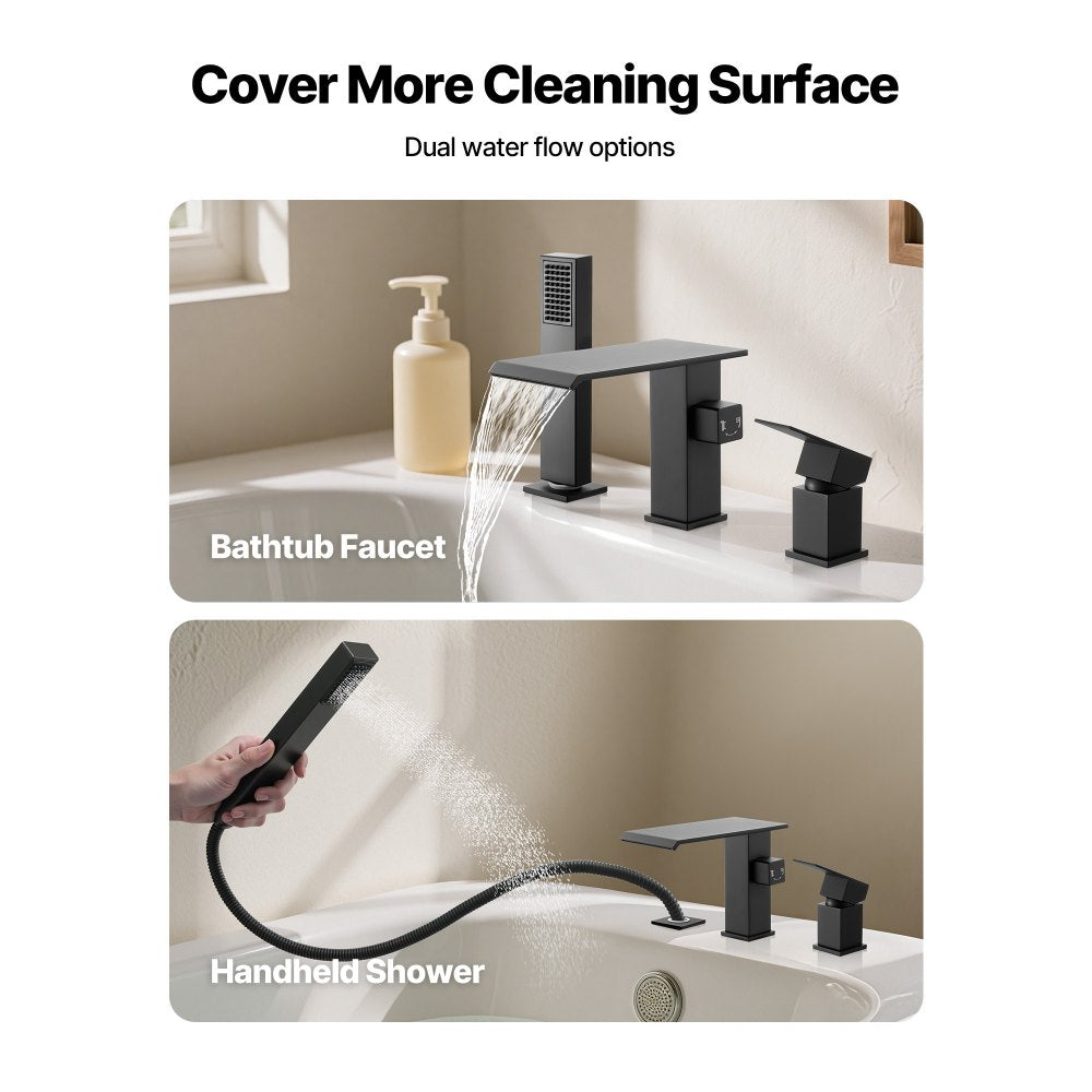 VEVOR Roman Tub Faucet, 3 Hole Waterfall Bathtub Faucet, Roman Bathtub Faucets Set with Shower Head & 1 Handle, Deck Mount Bath Tub Faucets Set for Pet Washing, Baby Care, Adult Bathing, Matte Black