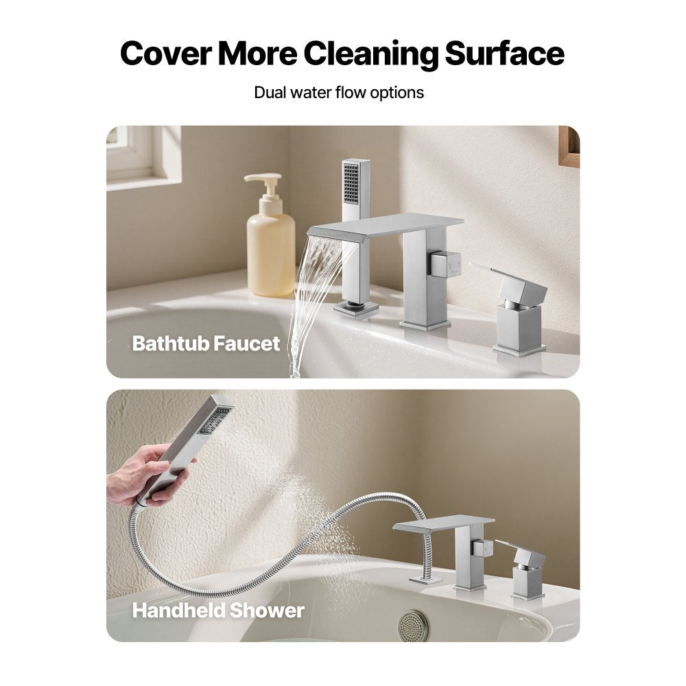 VEVOR Roman Tub Faucet, 3 Hole Waterfall Bathtub Faucet, Roman Bathtub Faucets Set with Shower Head & 1 Handle, Deck Mount Bath Tub Faucets Set for Adult Bathing, Brushed Stainless Steel, Drip-Free