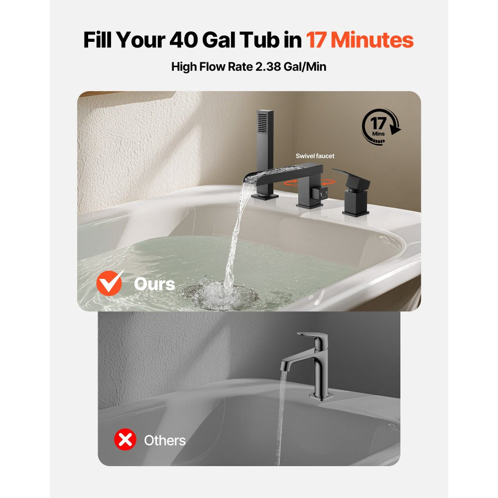 VEVOR Roman Tub Faucet, 3 Hole Waterfall Bathtub Faucet, Widespread Roman Tub Faucets with Shower Head & 1 Handle, Romans Bathtub Faucets for Pet Washing, Adult Bathing, Matte Black, Dual Water Flow