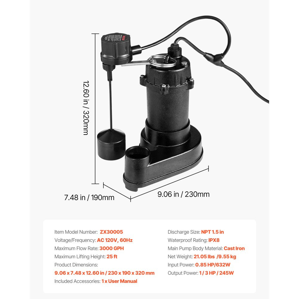 VEVOR Submersible Sewage Pump, 1/3 HP, 3000 GPH Cast Iron Sewage/Effluent Pump with Automatic Float Switch, 1.5-Inch NPT Discharge, 120V, 25 ft Lift, for Basement, Septic Tank, Residential Sump Basin