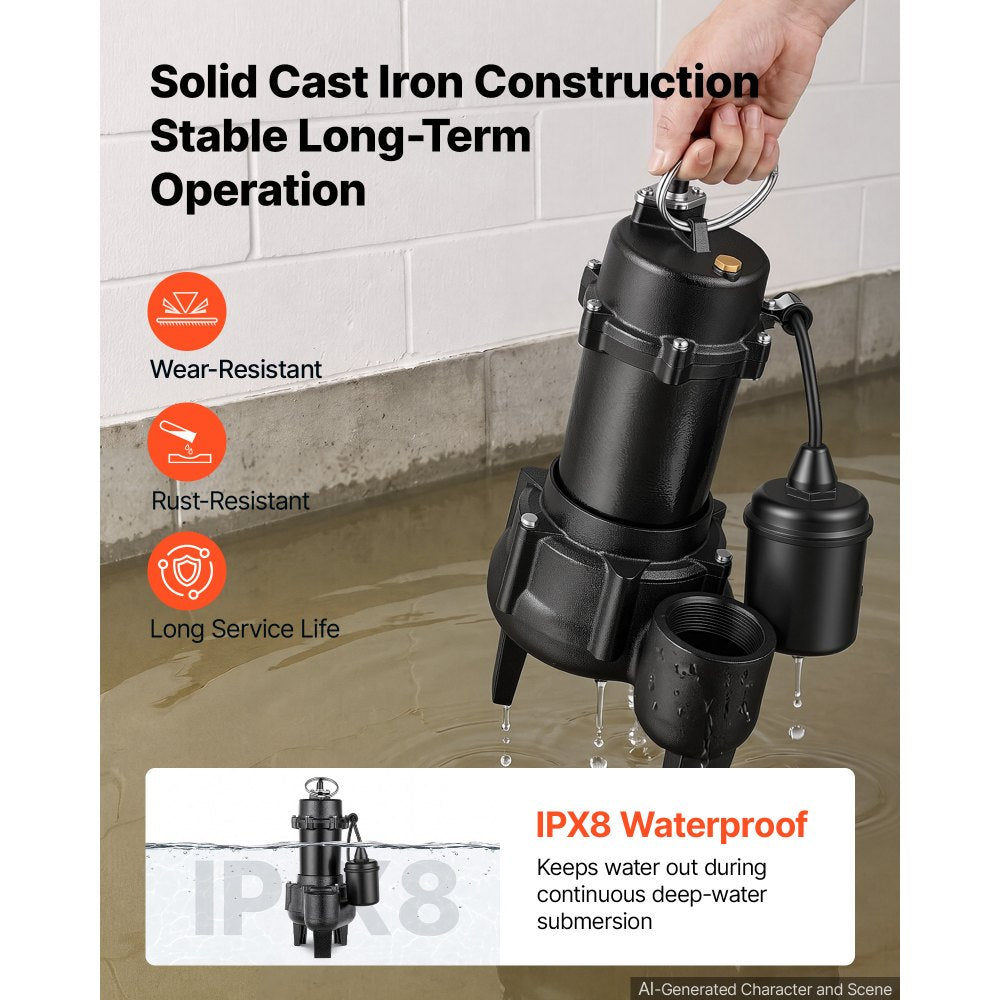 VEVOR Submersible Sump Pump 1/2 HP 5400 GPH Cast Iron Sewage/Effluent Pump, for Basement Septic Tank Residential, Automatic Tethered Float Switch, 2-Inch NPT Discharge, 22 ft Lift, IPX8 Waterproof