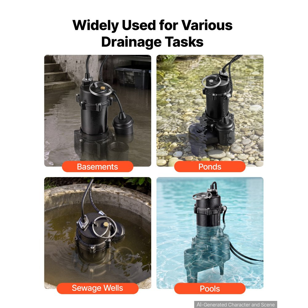 VEVOR Submersible Sump Pump 1/2 HP 5400 GPH Cast Iron Sewage/Effluent Pump, for Basement Septic Tank Residential, Automatic Tethered Float Switch, 2-Inch NPT Discharge, 22 ft Lift, IPX8 Waterproof