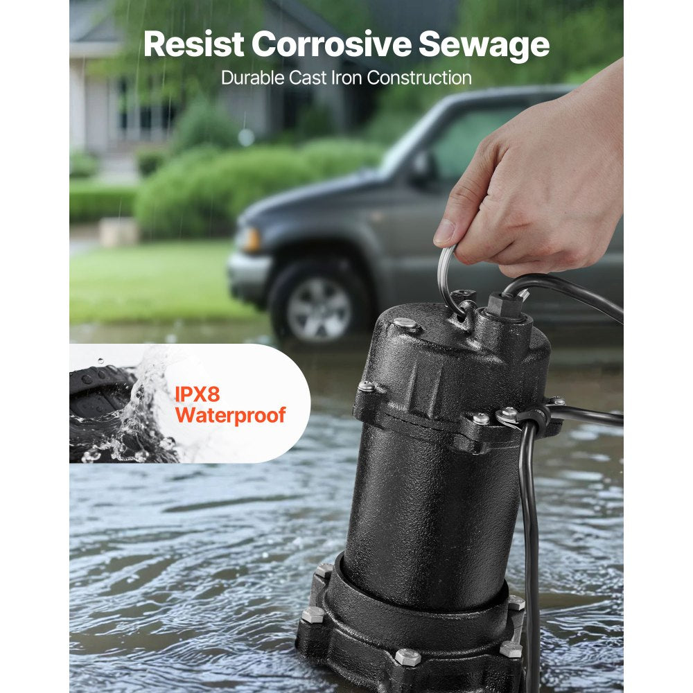 VEVOR Submersible Sewage Pump, 1/2 HP, 6000 GPH Cast Iron Sewage/Effluent Pump with Automatic Tethered Float Switch, 2-Inch NPT Discharge, 120V, 25 ft Max Lift, for Basement, Septic Tank, Residential