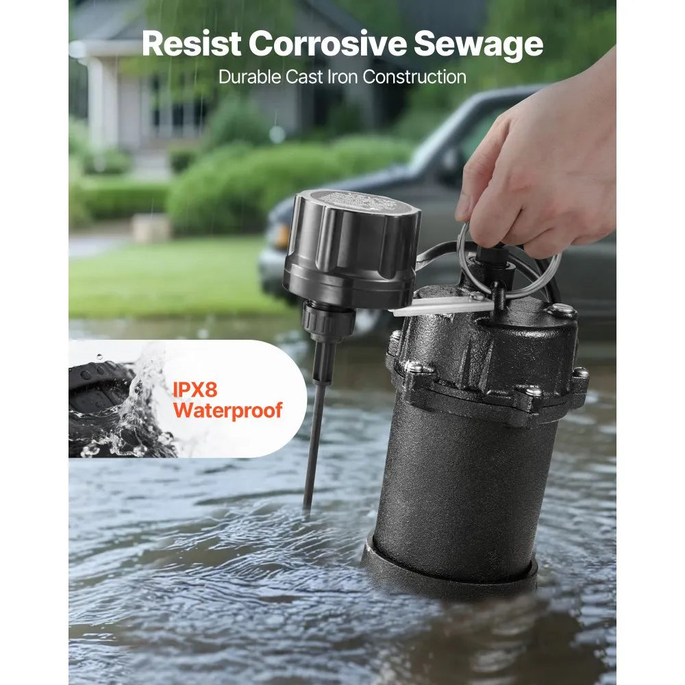 Vevor Sewage Pump 3/4 HP 6000 GPH Cast Iron Submersible Effluent Pump ...
