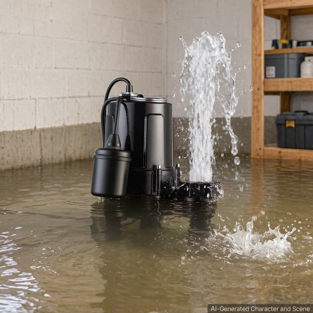 VEVOR Submersible Sump Pump 1/2 HP 6900 GPH Cast Iron Sewage/Effluent Pump, for Basement Septic Tank Residential, Automatic Tethered Float Switch, 2-Inch NPT Discharge, 20 ft Lift, IPX8 Waterproof