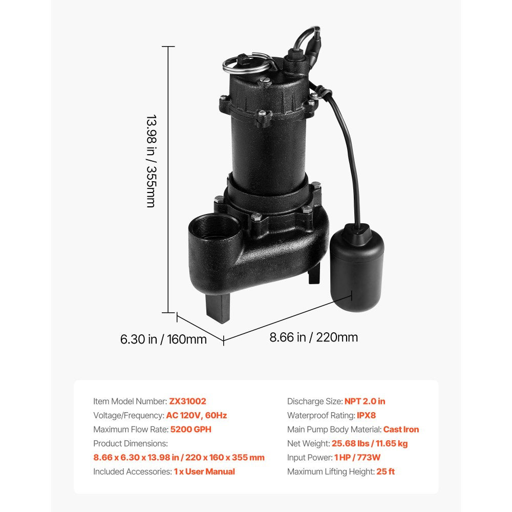 VEVOR Submersible Sewage Pump, 1 HP, 5200 GPH Cast Iron Sewage/Effluent Pump with Automatic Tethered Float Switch, 2-Inch NPT Discharge, 120V, 25 ft Max Lift, for Basement, Septic Tank, Residential