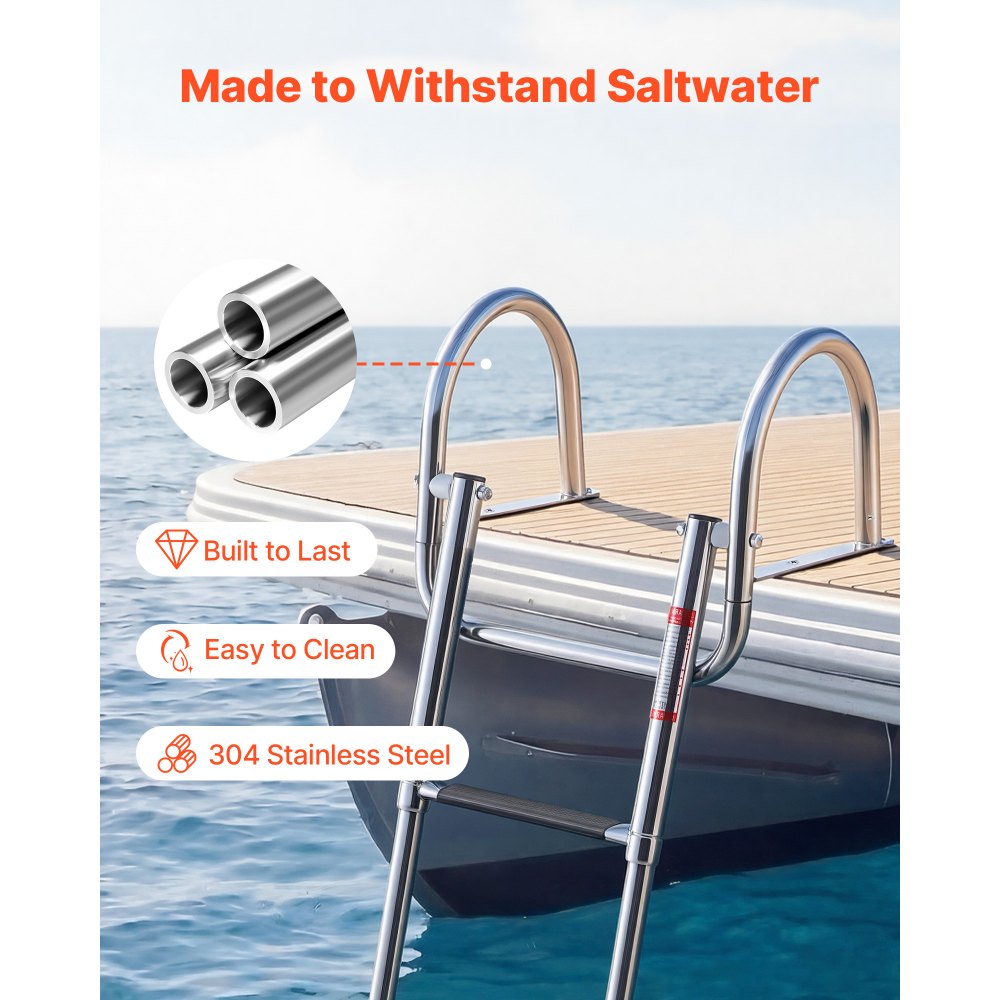 VEVOR Boat Ladder, 3 Steps, Stainless Steel Telescoping Folding Swim Deck Ladder for Rear Entry Inboard, 600 lbs Capacity with Wide Anti-Slip Steps & Handrails, for Outboards, Yacht, Pontoon Boats