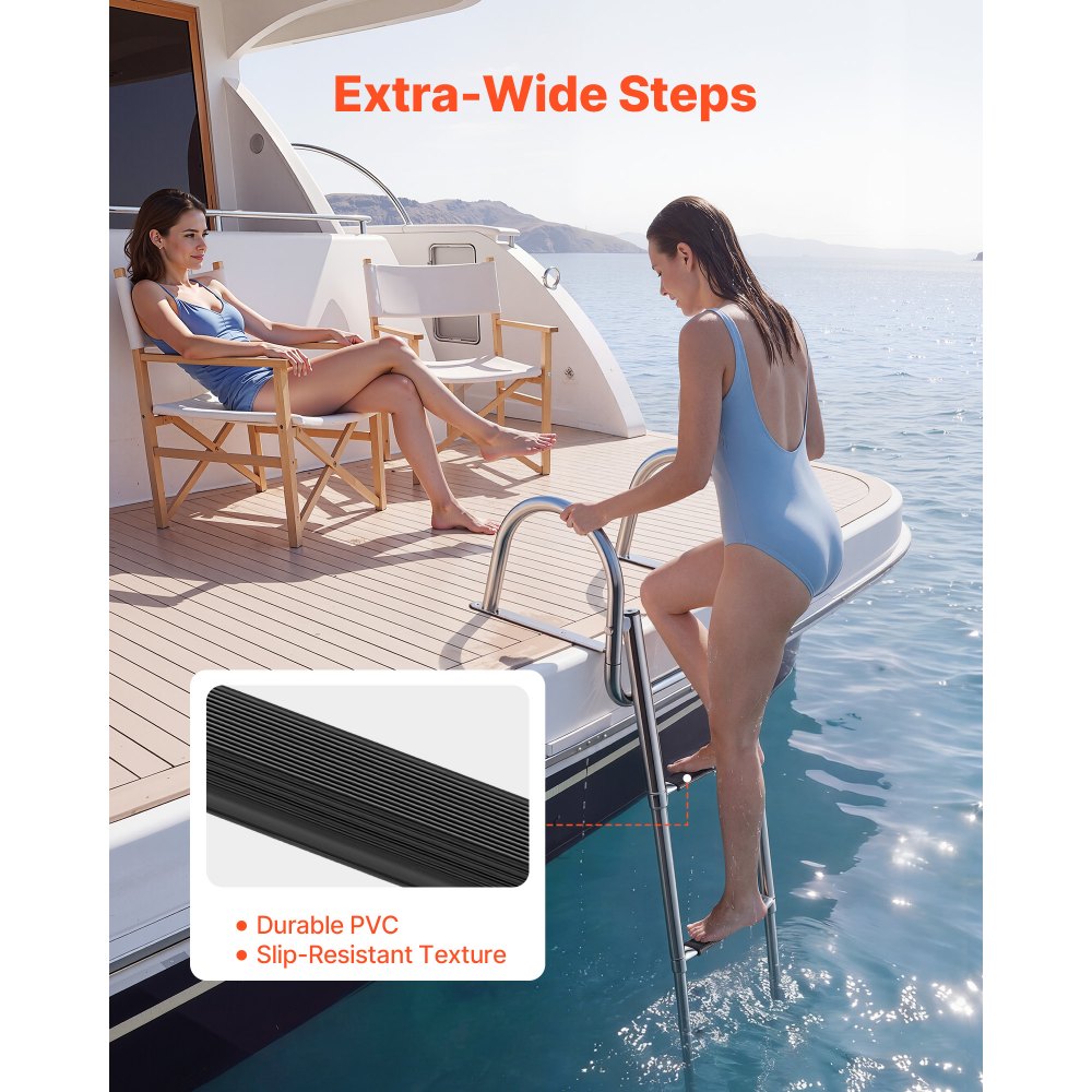 VEVOR Boat Ladder, 3 Steps, Stainless Steel Telescoping Folding Swim Deck Ladder for Rear Entry Inboard, 600 lbs Capacity with Wide Anti-Slip Steps & Handrails, for Outboards, Yacht, Pontoon Boats
