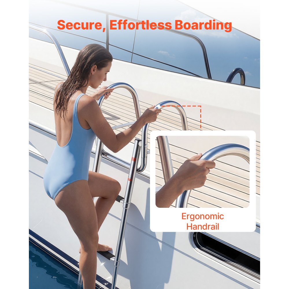 VEVOR Boat Ladder, 3 Steps, Stainless Steel Telescoping Folding Swim Deck Ladder for Rear Entry Inboard, 600 lbs Capacity with Wide Anti-Slip Steps & Handrails, for Outboards, Yacht, Pontoon Boats
