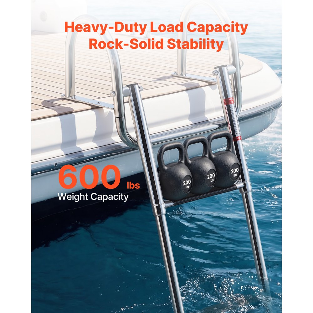 VEVOR Boat Ladder, 3 Steps, Stainless Steel Telescoping Folding Swim Deck Ladder for Rear Entry Inboard, 600 lbs Capacity with Wide Anti-Slip Steps & Handrails, for Outboards, Yacht, Pontoon Boats