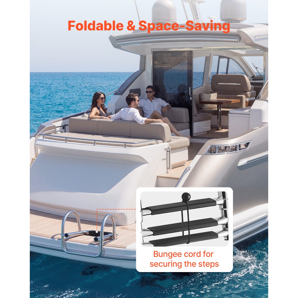 VEVOR Boat Ladder, 3 Steps, Stainless Steel Telescoping Folding Swim Deck Ladder for Rear Entry Inboard, 600 lbs Capacity with Wide Anti-Slip Steps & Handrails, for Outboards, Yacht, Pontoon Boats