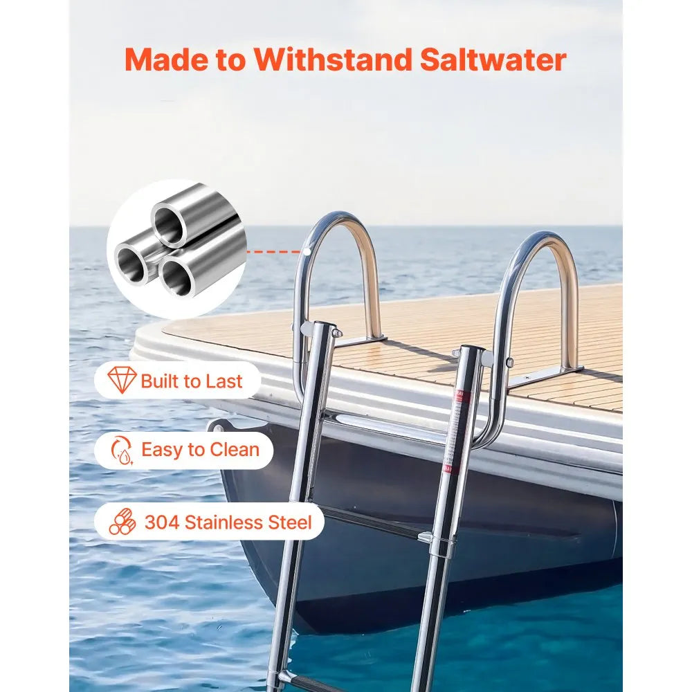 VEVOR Boat Ladder, 4 Steps, Stainless Steel Telescoping Folding Swim Deck Ladder for Rear Entry Inboard, 600 lbs Capacity with Wide Anti-Slip Steps & Handrails, for Outboards, Yacht, Pontoon Boats