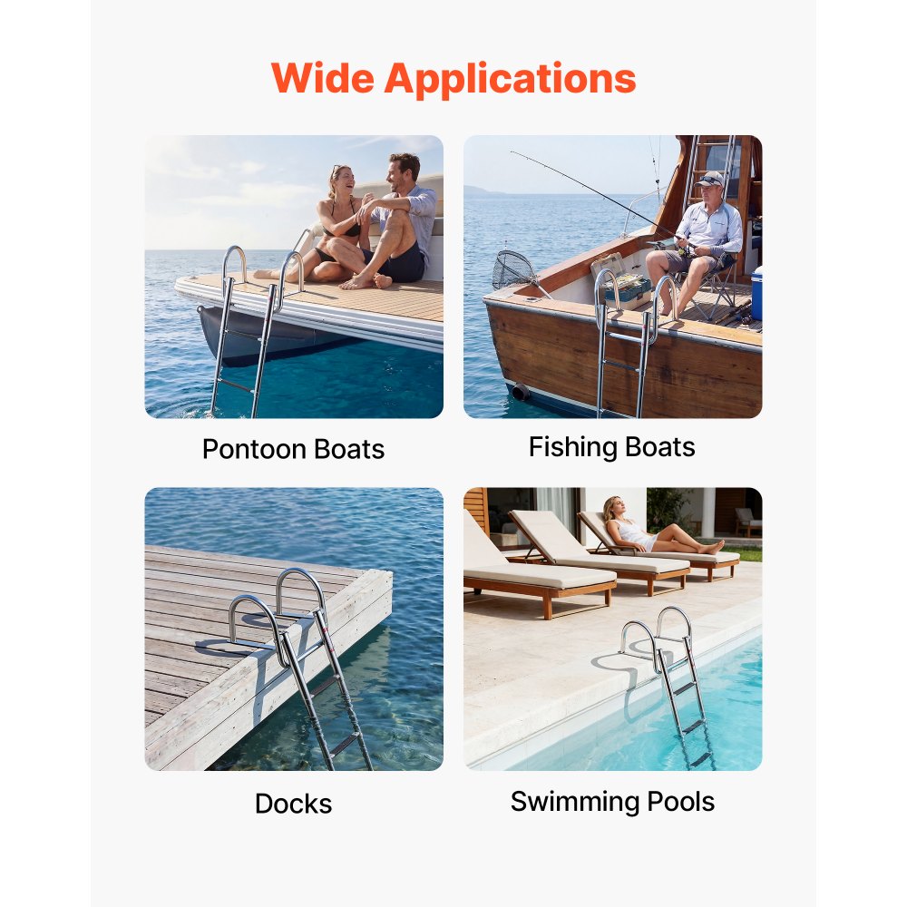 VEVOR Boat Ladder, 4 Steps, Stainless Steel Telescoping Folding Swim Deck Ladder for Rear Entry Inboard, 600 lbs Capacity with Wide Anti-Slip Steps & Handrails, for Outboards, Yacht, Pontoon Boats