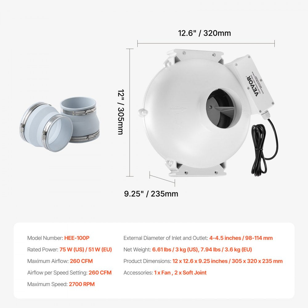 VEVOR 4 to 4.5 inch Radon Mitigation Fan System, Quiet 260 CFM Radon Mitigation Kit with 2 Couplers, Waterproof Radon Fan Electric Inline Duct Fan Exhaust Fan for Indoor Outdoor Ventilation