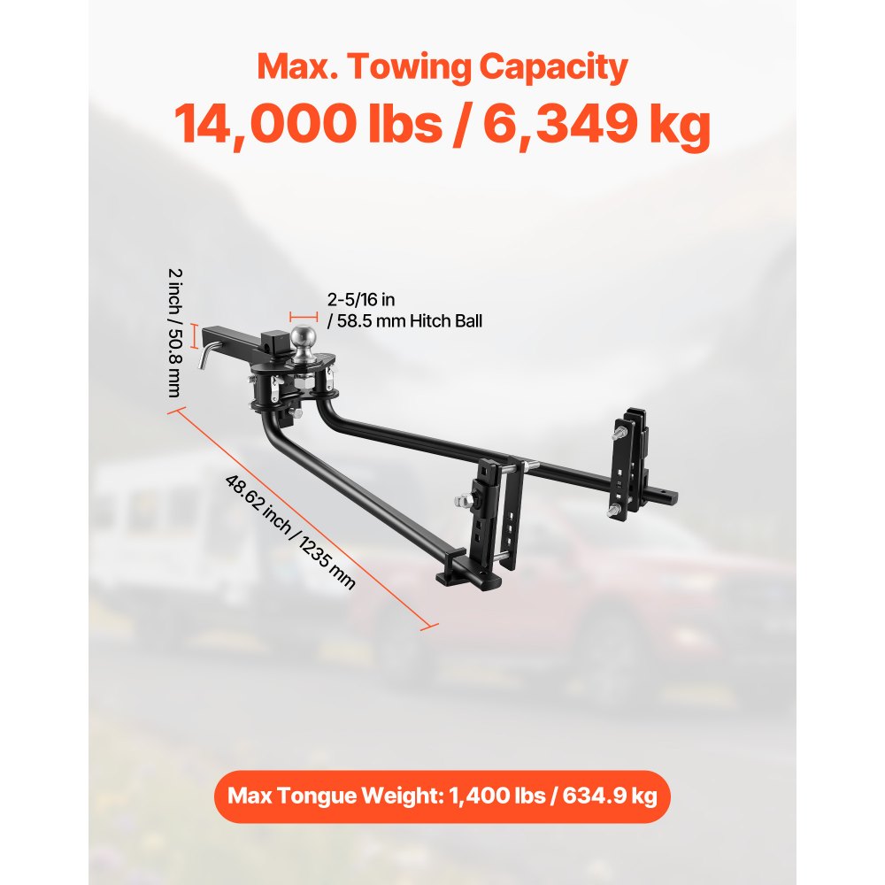 VEVOR Weight Distribution Hitch, 14000 lbs Max. Towing with Sway Control, Weight Distributing Hitches Kit for Trailers & RVs, 1400 lbs Max. Tongue, 2 in Shank, 2-5/16 in Ball, Load Leveling Hitch