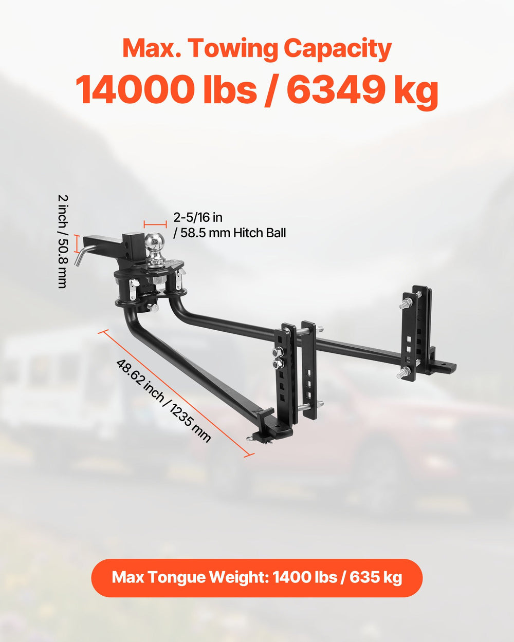 VEVOR HL14000 weight distribution hitch - max towing 14000 lbs / max tongue 1400 lbs infographic