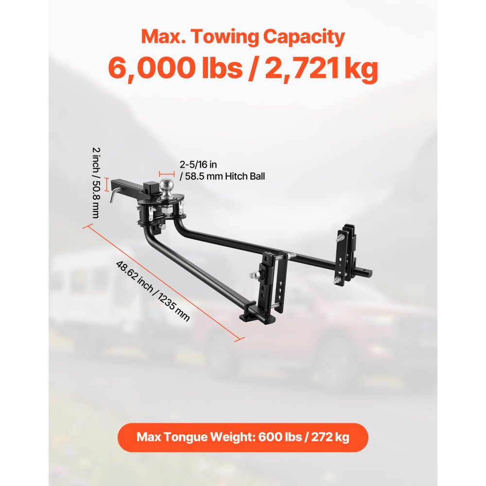 VEVOR Weight Distribution Hitch, 6000 lbs Max. Towing with Sway Control, Weight Distributing Hitches Kit for Trailers & RVs, 600 lbs Max. Tongue, 2 in Shank, 2-5/16 in Ball, Load Leveling Hitch