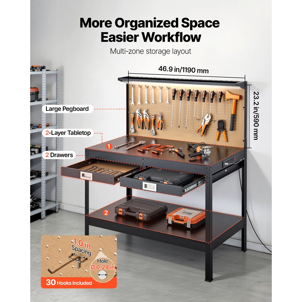 VEVOR Hardwood Workbench, 242.5 lbs Weight Capacity, 47.2-inch Heavy Duty Workbench with Pegboard, 4 AC Outlets & 2 USB Ports, 4.9 ft Cable & 30 Hooks, Garage Work Bench with Drawer for Workshop