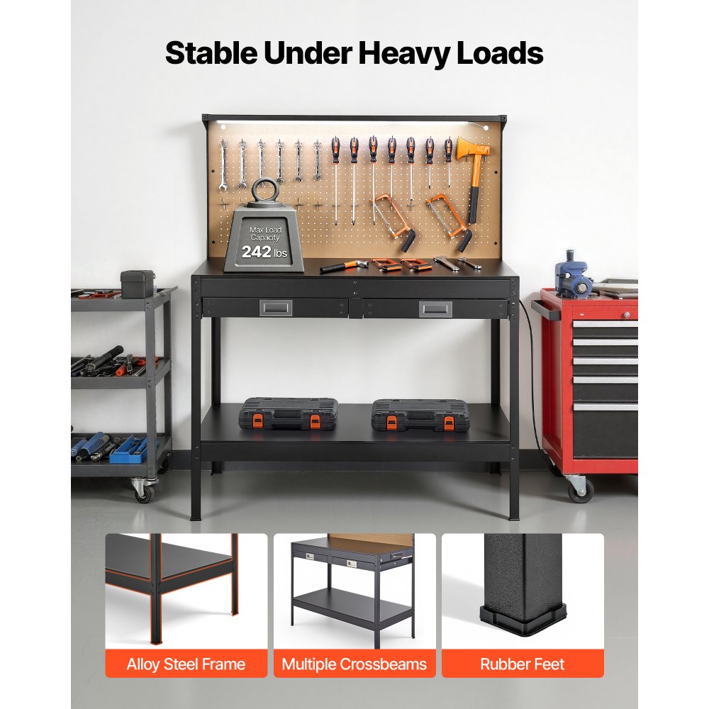 VEVOR Hardwood Workbench, 242.5 lbs Weight Capacity, 47.2-inch Heavy Duty Workbench with Pegboard, 4 AC Outlets & 2 USB Ports, 4.9 ft Cable & 30 Hooks, Garage Work Bench with Drawer for Workshop