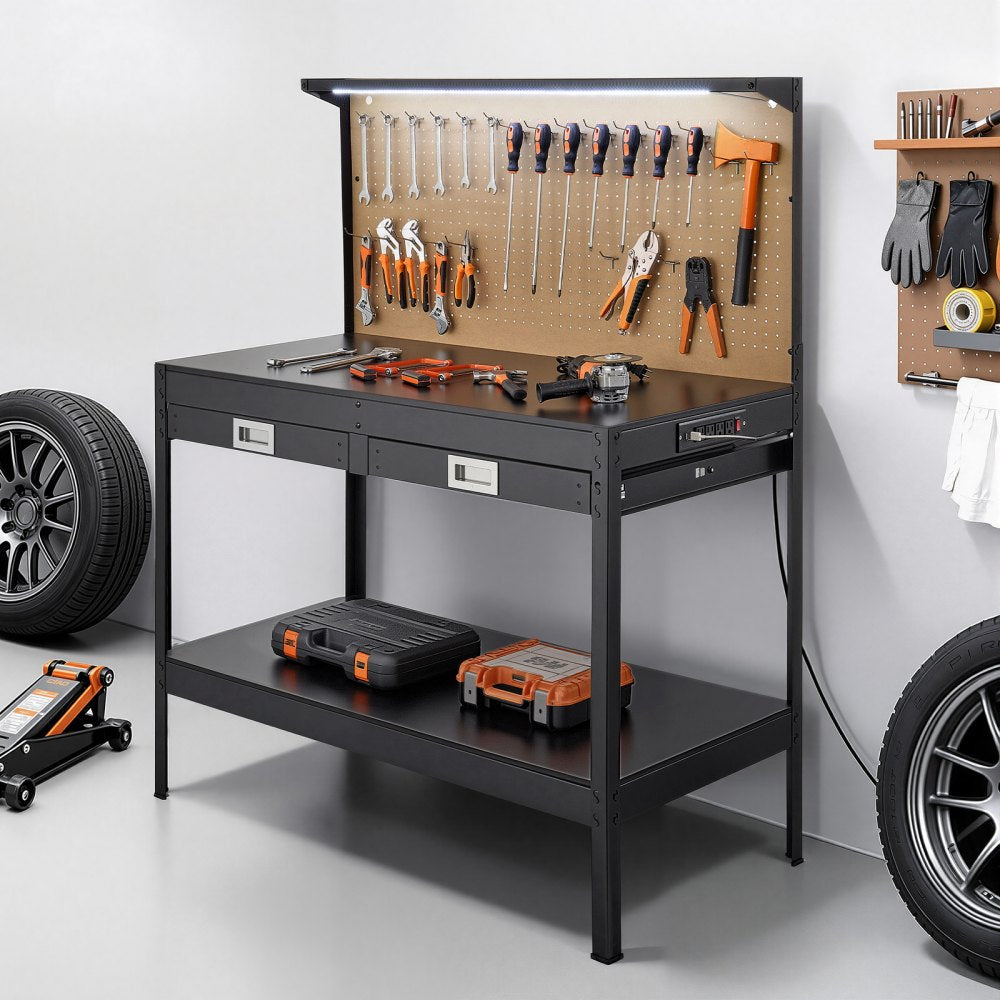 VEVOR Hardwood Workbench, 242.5 lbs Weight Capacity, 47.2-inch Heavy Duty Workbench with Pegboard, 4 AC Outlets & 2 USB Ports, 4.9 ft Cable & 30 Hooks, Garage Work Bench with Drawer for Workshop