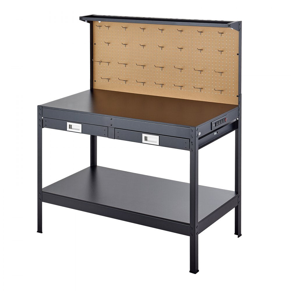 VEVOR Hardwood Workbench, 242.5 lbs Weight Capacity, 47.2-inch Heavy Duty Workbench with Pegboard, 4 AC Outlets & 2 USB Ports, 4.9 ft Cable & 30 Hooks, Garage Work Bench with Drawer for Workshop