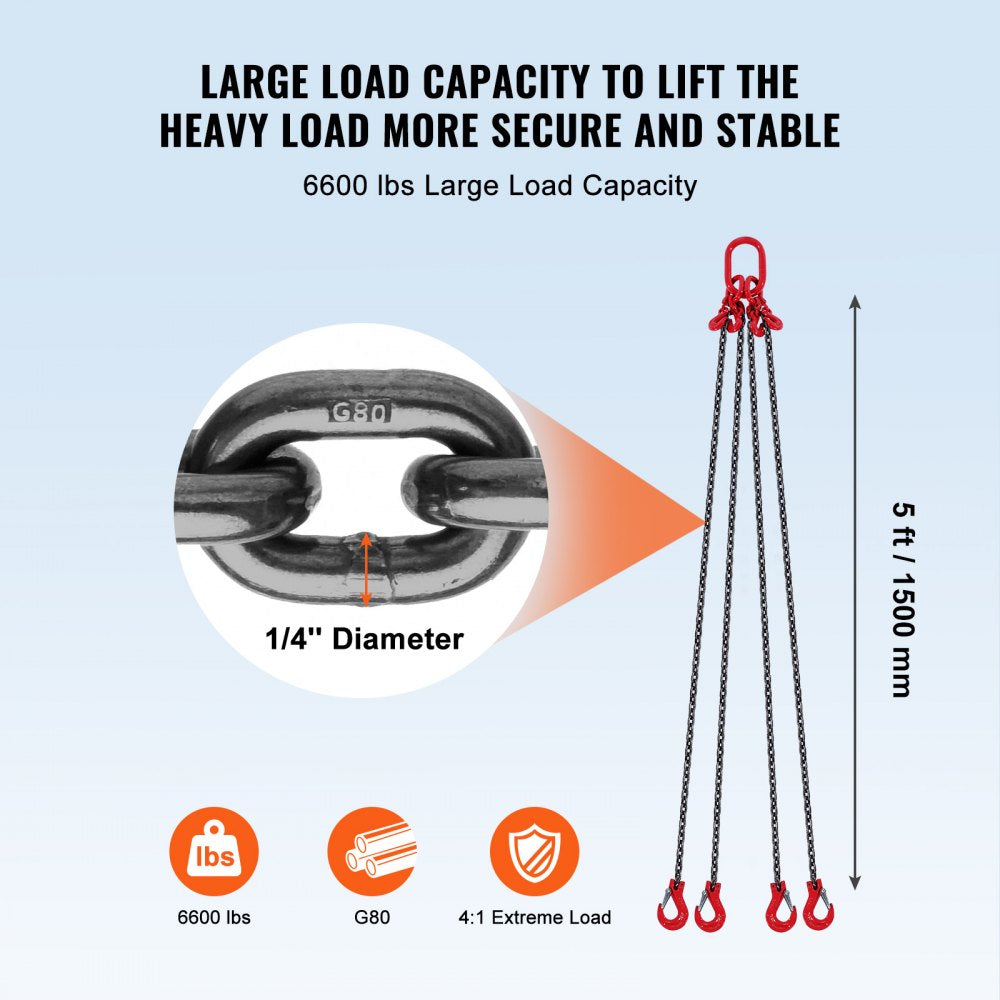 VEVOR Chain Sling, 1/4 inch x 5 ft Lifting Chains with Hooks, G80 Engine Chain Hoist Lifts, 6600 lbs/3 Ton Lifting Sling Chains for Engine Hoist, Engine Lift Chain with 4 Leg Grab Hooks and Adjusters