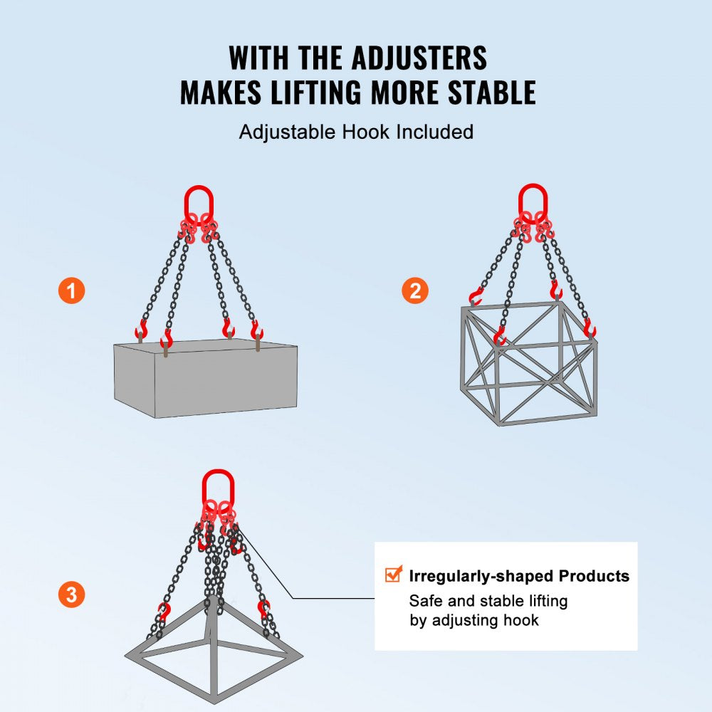 VEVOR Chain Sling, 1/4 inch x 5 ft Lifting Chains with Hooks, G80 Engine Chain Hoist Lifts, 6600 lbs/3 Ton Lifting Sling Chains for Engine Hoist, Engine Lift Chain with 4 Leg Grab Hooks and Adjusters