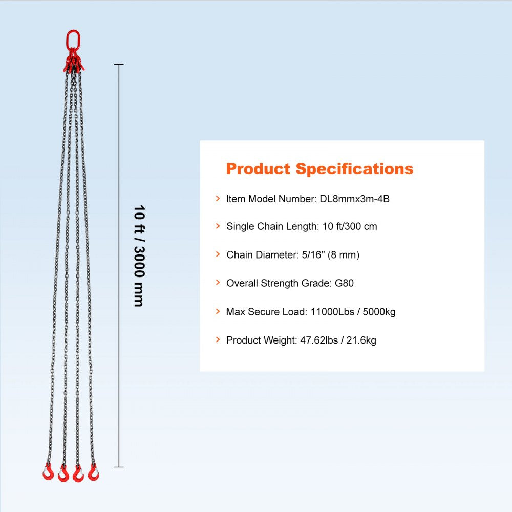 VEVOR Chain Sling, 5/16 inch x 10 ft Lifting Chains with Hooks, G80 Engine Chain Hoist Lifts, 11000 lbs/5 Ton Lifting Sling Chains for Engine Hoist, Engine Lift Chain with 4 Leg Grab Hooks & Adjusters